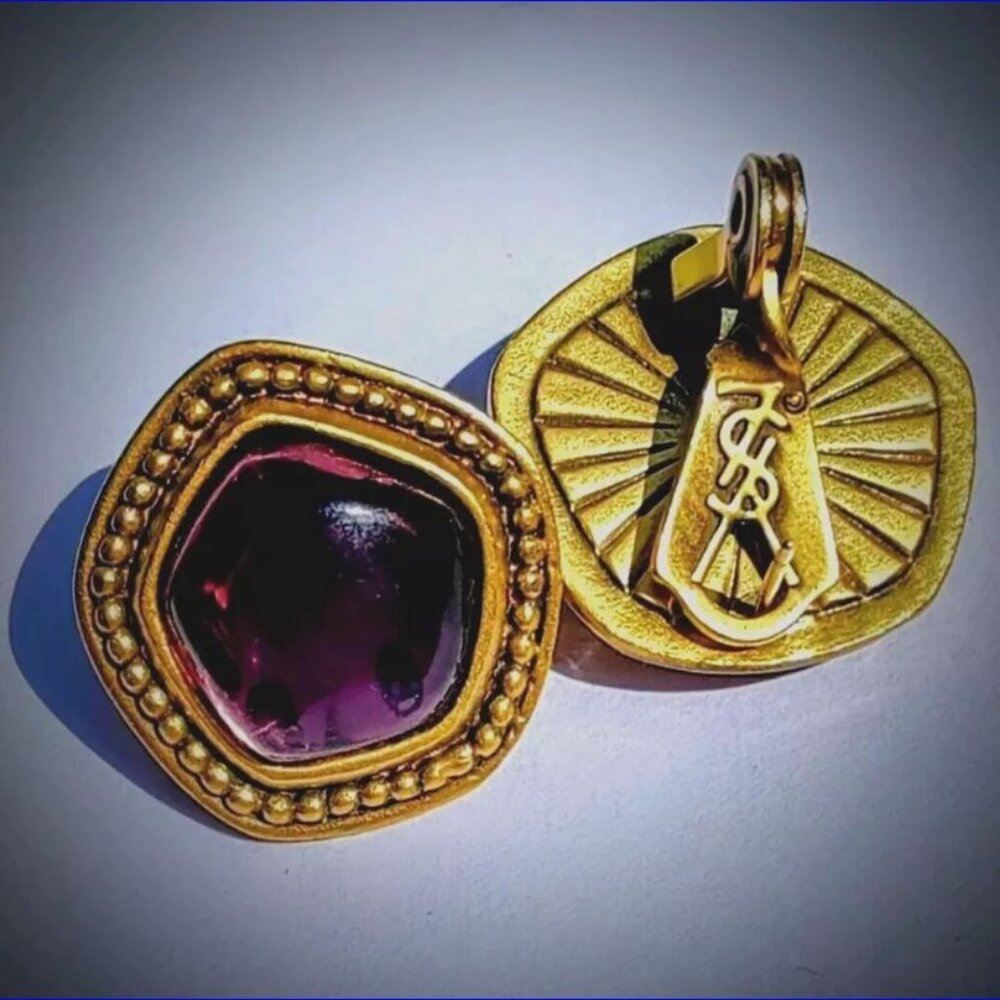 VTG YSL Designer Earrings - Aubergine Gripoix Glass / Gold Tone - EVC